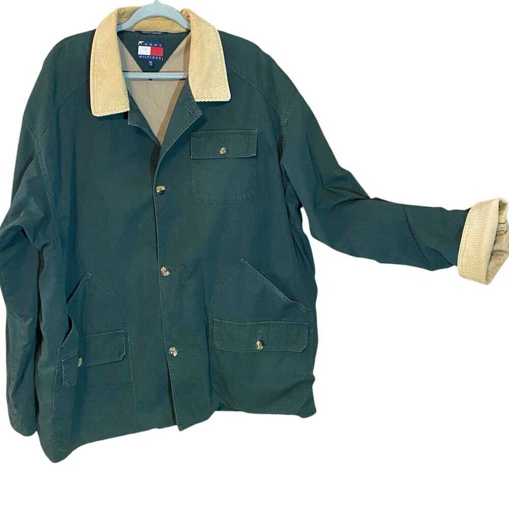 Vintage Tommy Hilfiger Field barn Jacket XXL Green Corduroy Collar 90s Hong Kong